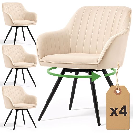 4x Aksamitne obrotowe krzesło z przeszyciami Beżowe TURNO Czarne nogi