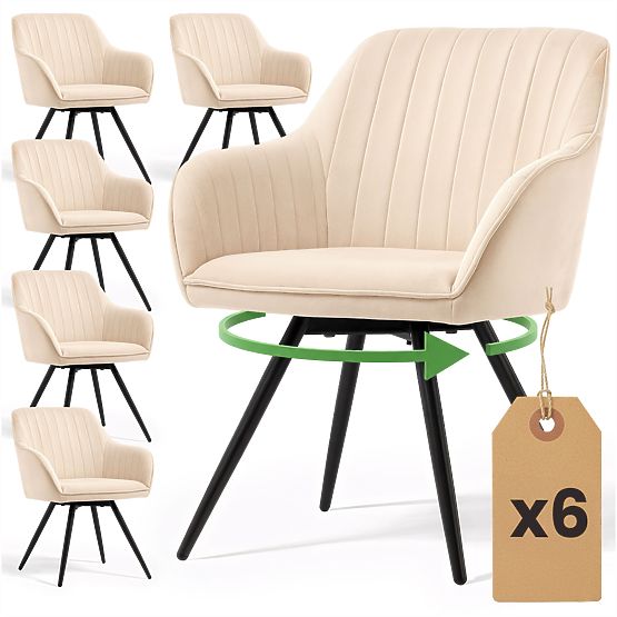 6x Aksamitne krzesło obrotowe z przeszyciami Beżowe TURNO Czarne nogi