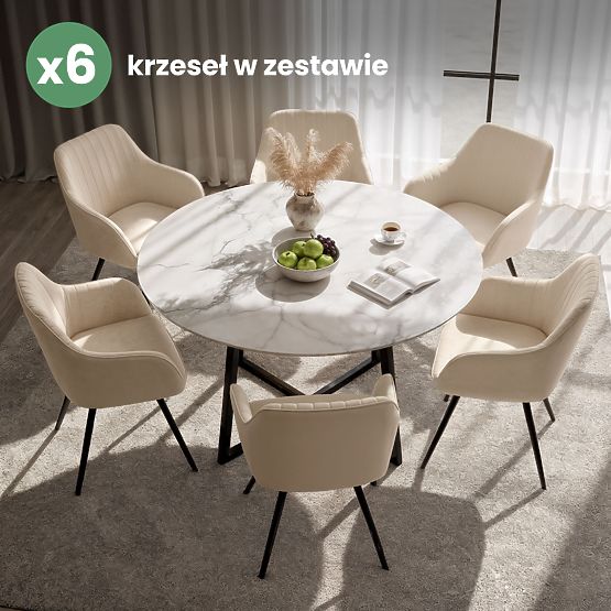 6x Aksamitne krzesło obrotowe z przeszyciami Beżowe TURNO Czarne nogi