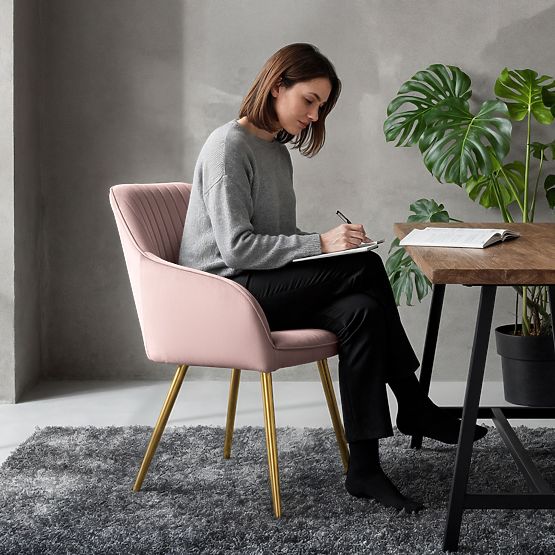 6x Aksamitne krzesło tapicerowane z przeszyciami Pudrowy Róż FLORENCE Złote nogi