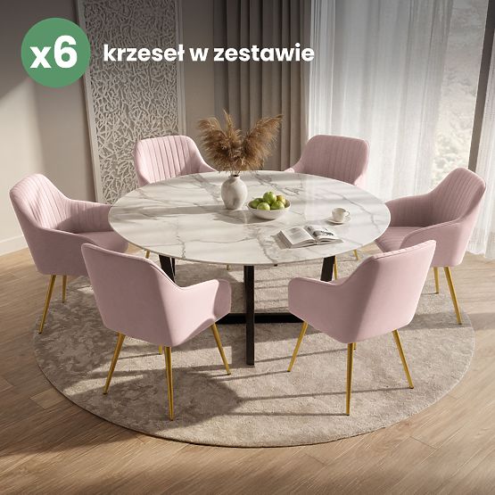 6x Aksamitne krzesło tapicerowane z przeszyciami Pudrowy Róż FLORENCE Złote nogi