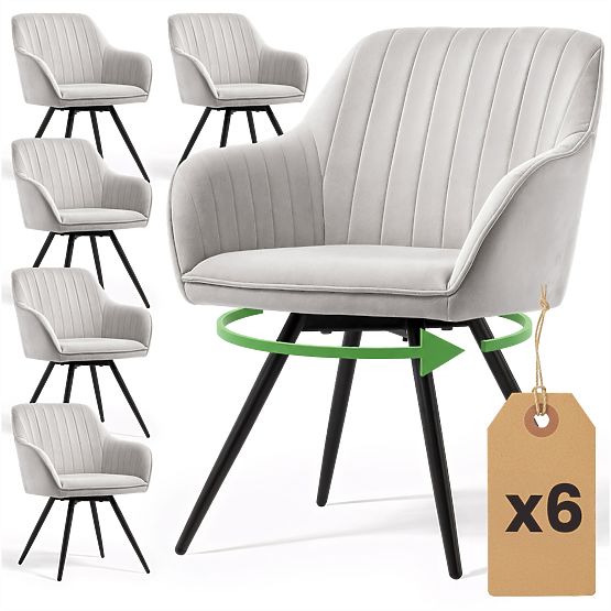 6x Aksamitne obrotowe krzesło z przeszyciami Szare TURNO Czarne nogi