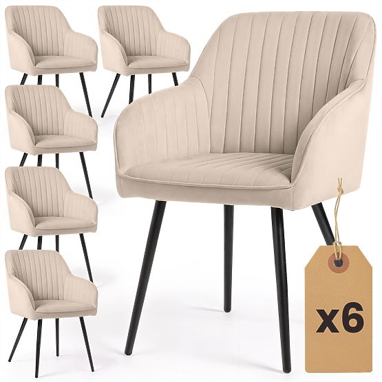 6x Aksamitne tapicerowane krzesło z przeszyciami Beżowe FLORENCE Czarne nogi