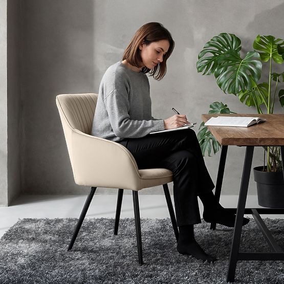 6x Aksamitne tapicerowane krzesło z przeszyciami Beżowe FLORENCE Czarne nogi