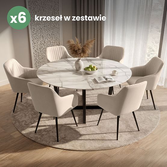 6x Aksamitne tapicerowane krzesło z przeszyciami Beżowe FLORENCE Czarne nogi