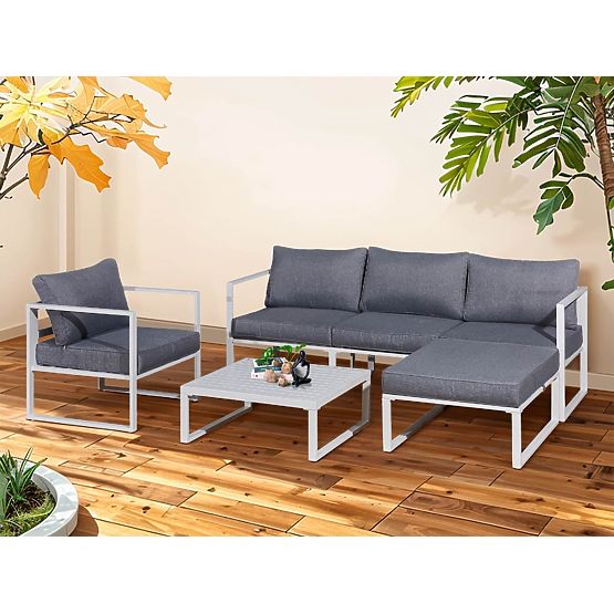 Aluminiowy zestaw mebli na taras (Sofa 204 cm, fotel, pufa + stolik) MOSTRARE Biały