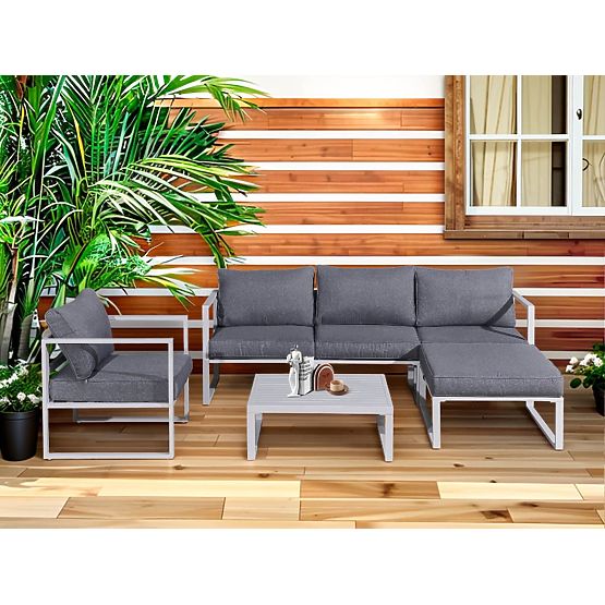 Aluminiowy zestaw mebli na taras (Sofa 204 cm, fotel, pufa + stolik) MOSTRARE Biały