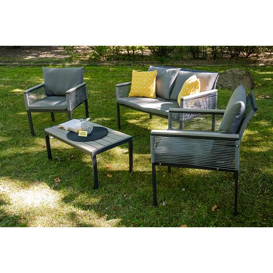 Aluminiowy zestaw mebli ogrodowych (2 x fotel, sofa + stolik) CORTO okrągły szary technorattan
