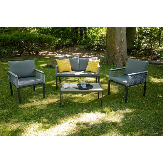 Aluminiowy zestaw mebli ogrodowych (2 x fotel, sofa + stolik) CORTO okrągły szary technorattan