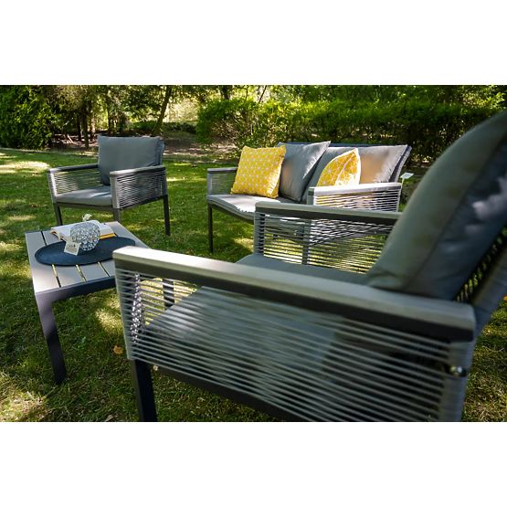 Aluminiowy zestaw mebli ogrodowych (2 x fotel, sofa + stolik) CORTO okrągły szary technorattan