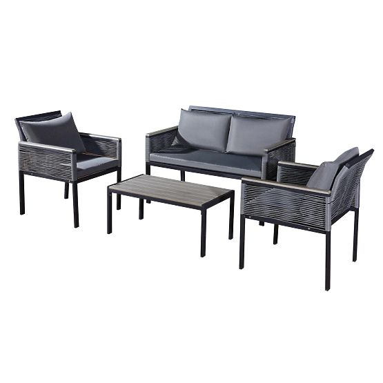 Aluminiowy zestaw mebli ogrodowych (2 x fotel, sofa + stolik) CORTO okrągły szary technorattan