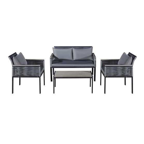 Aluminiowy zestaw mebli ogrodowych (2 x fotel, sofa + stolik) CORTO okrągły szary technorattan