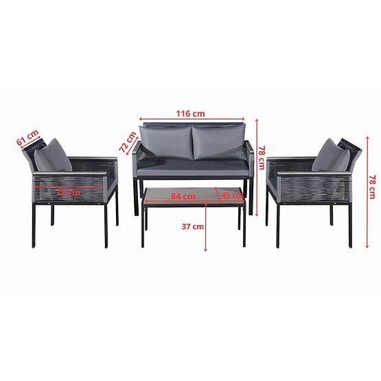 Aluminiowy zestaw mebli ogrodowych (2 x fotel, sofa + stolik) CORTO okrągły szary technorattan