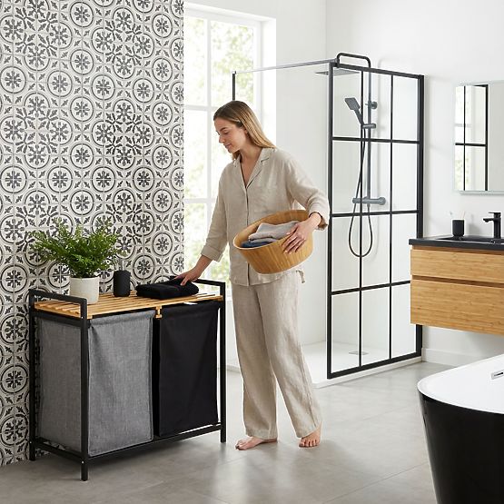 bambusowy kosz na pranie lub zabawki HANOI BLACK 2 przegrody DUO KOLOR