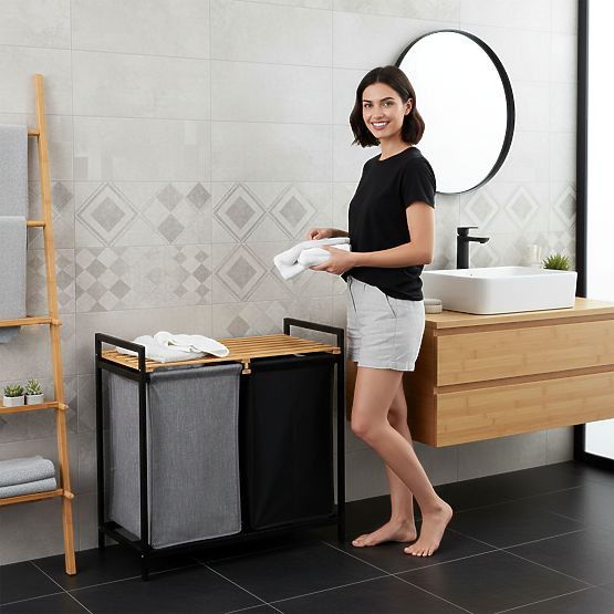 bambusowy kosz na pranie lub zabawki HANOI BLACK 2 przegrody DUO KOLOR