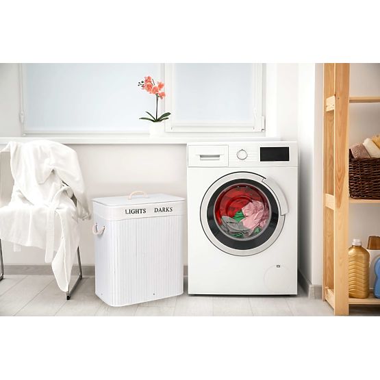 Bambusowy kosz z pokrywą 100L 2 komory biały