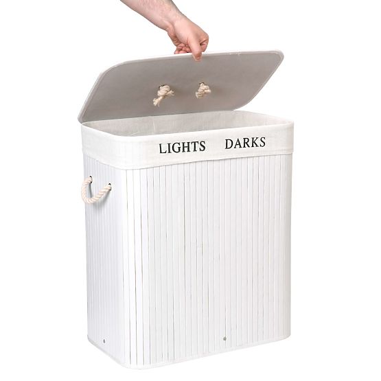 Bambusowy kosz z pokrywą 100L 2 komory biały