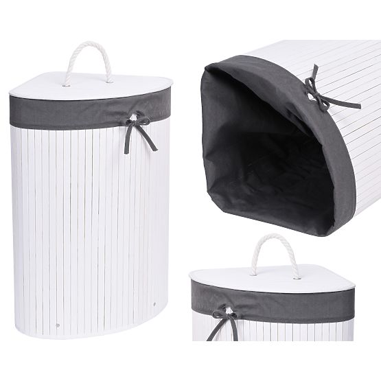 Bambusowy narożny kosz na pranie z pokrywą biało-szary