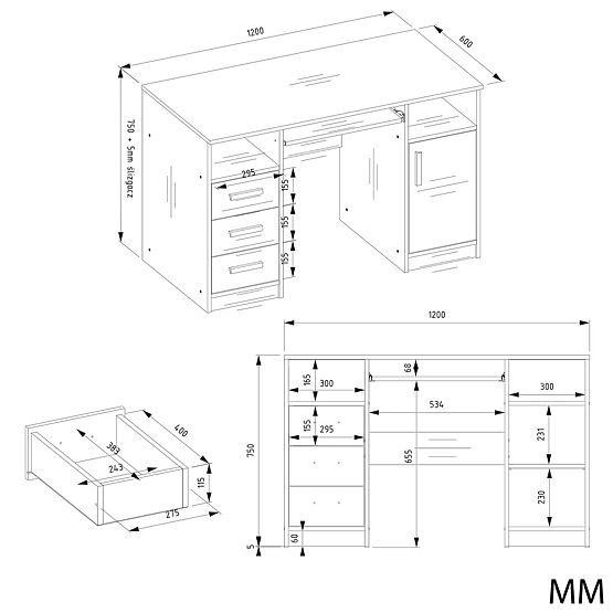 BIURKO DELTA BIAŁE 120 cm 3 Szuflady Szafka Półki Do Biura Pokój Na Laptopa