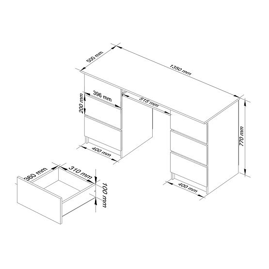 Biurko komputerowe A-11 135 cm 6 szuflad PK biało-grafitowe