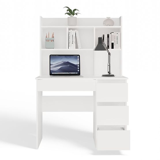 Biurko MIJAS Prawe z Nadstawką Biel Mat 4 Szuflady 4 Półki Do Biura Pokoju