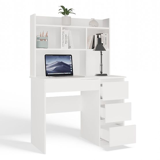Biurko MIJAS Prawe z Nadstawką Biel Mat 4 Szuflady 4 Półki Do Biura Pokoju