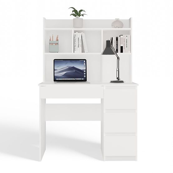 Biurko MIJAS Prawe z Nadstawką Biel Mat 4 Szuflady 4 Półki Do Biura Pokoju