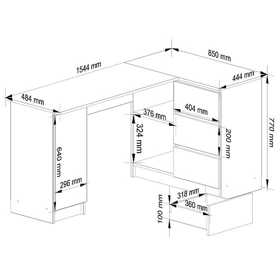 Biurko narożne B20 155 cm prawe - PK dąb artisan-biały - 3 szuflady