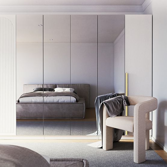 Czterodrzwiowa szafa Neroli, lustro/proste rowki, biała