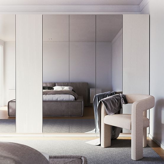 Czterodrzwiowa szafa Neroli, lustro/proste rowki, biała