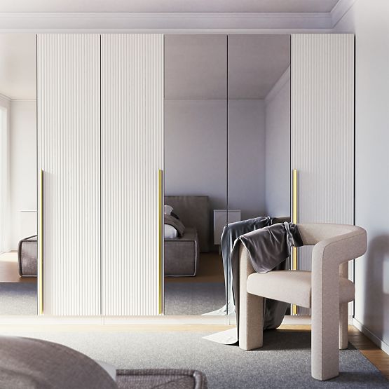 Czterodrzwiowa szafa Neroli, proste rowki/lustro, biała