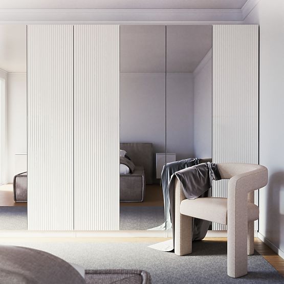 Czterodrzwiowa szafa Neroli, proste rowki/lustro, biała