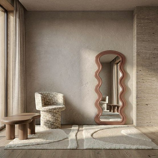 Dekoracyjne lustro wiszące w drewnianej ramie Vale 177x75 cm, faliste, organiczny kształt, mocha mo