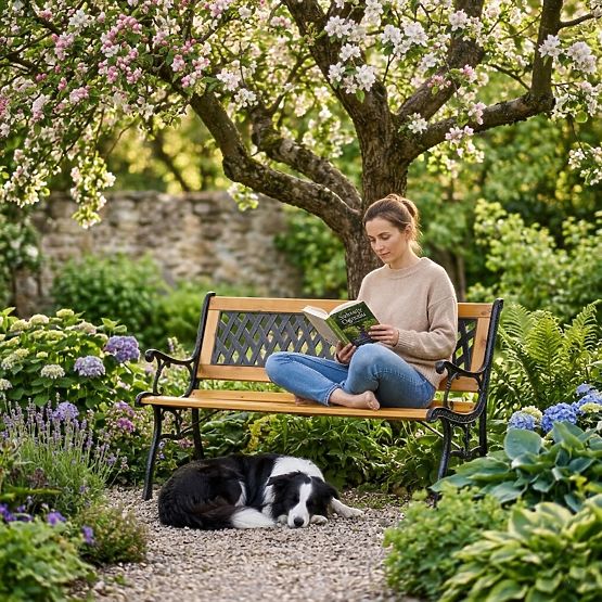 Drewniana ławka ogrodowa 126x51 cm z kratkowym oparciem i żeliwnymi nogami parkowa MultiGarden