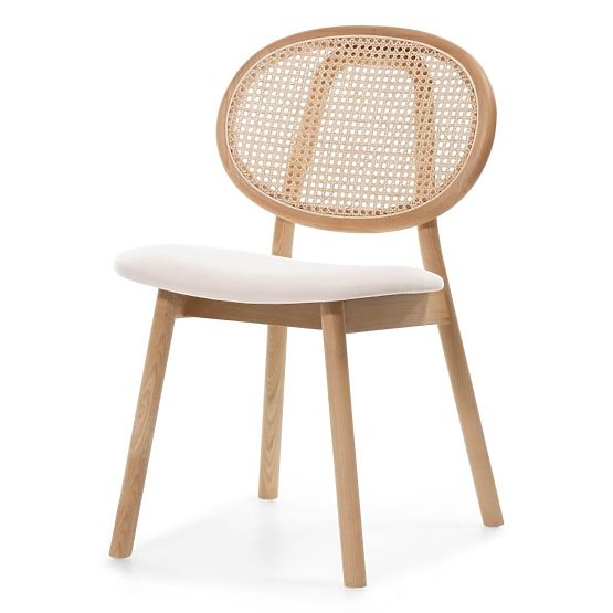Drewniane krzesło Monet z wiedeńską plecionką, rattan, welur, naturalny/jasny beżowy