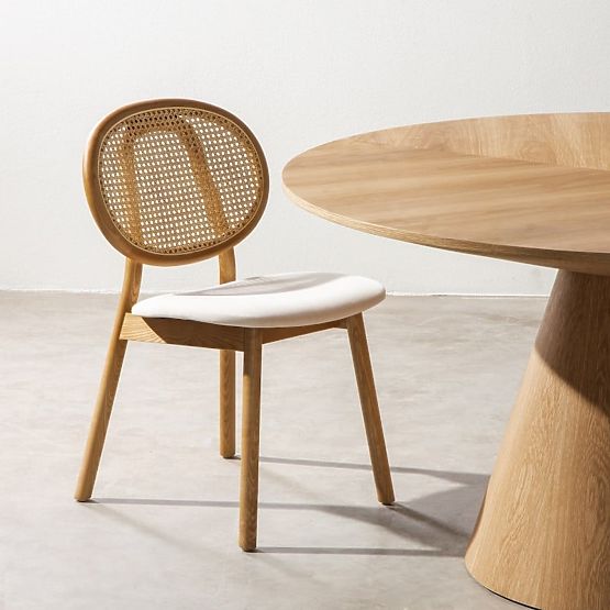 Drewniane krzesło Monet z wiedeńską plecionką, rattan, welur, naturalny/jasny beżowy
