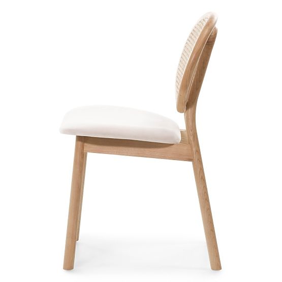 Drewniane krzesło Monet z wiedeńską plecionką, rattan, welur, naturalny/jasny beżowy