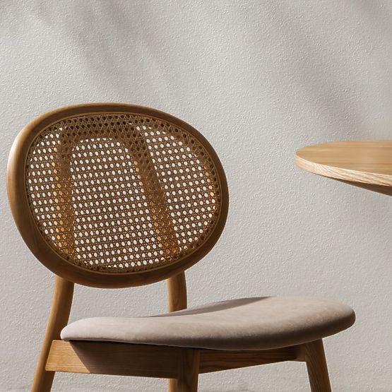Drewniane krzesło Monet z wiedeńskim plecionką, rattan, welur, naturalny/jasny brąz