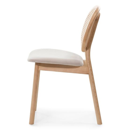 Drewniane krzesło Monet z wiedeńskim plecionką, rattan, welur, naturalny/jasny brąz