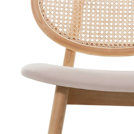 Drewniane krzesło Monet z wiedeńskim plecionką, rattan, welur, naturalny/jasny brąz