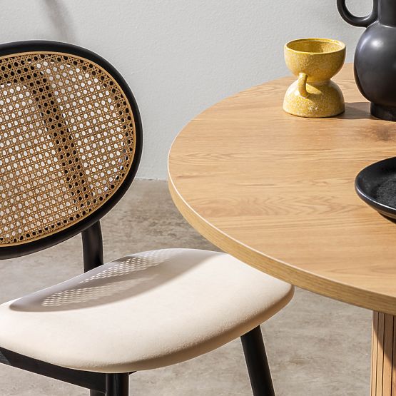 Drewniane krzesło Monet z wiedeńskim splotem, rattan, aksamit, czarny/beżowy