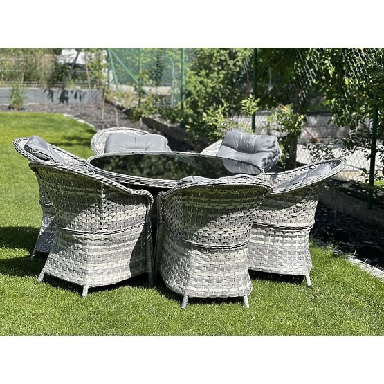 Duży zestaw jadalniany z technoratanu (6 foteli + stół) MODERNO jasnoszary