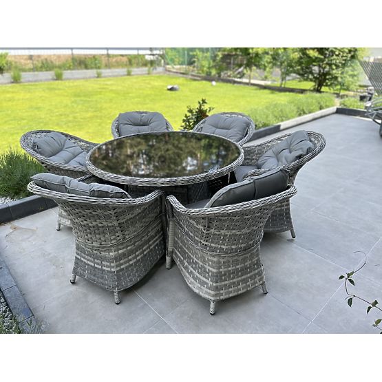 Duży zestaw jadalniany z technoratanu (6 foteli + stół) MODERNO jasnoszary