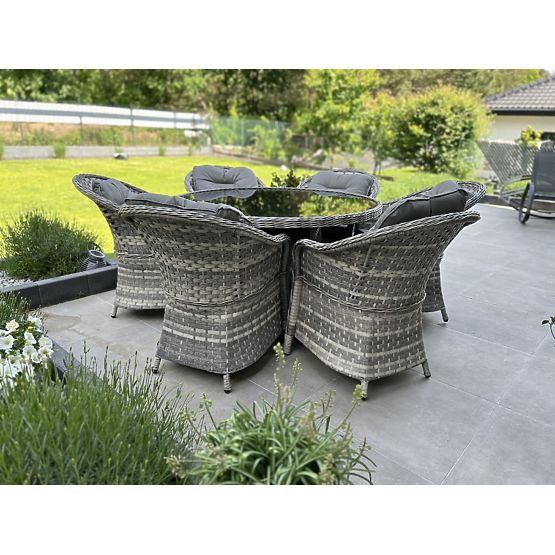 Duży zestaw jadalniany z technoratanu (6 foteli + stół) MODERNO jasnoszary