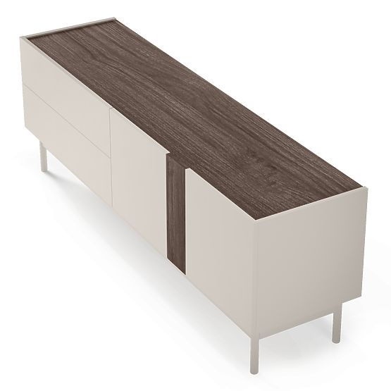 Dwudrzwiowa szafka RTV z szufladami Berula, kaszmirowa, Orzech Villa