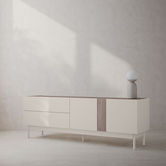 Dwudrzwiowa szafka RTV z szufladami Berula, kaszmirowa, Orzech Villa