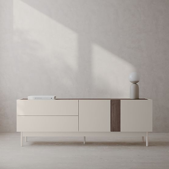 Dwudrzwiowa szafka RTV z szufladami Berula, kaszmirowa, Orzech Villa