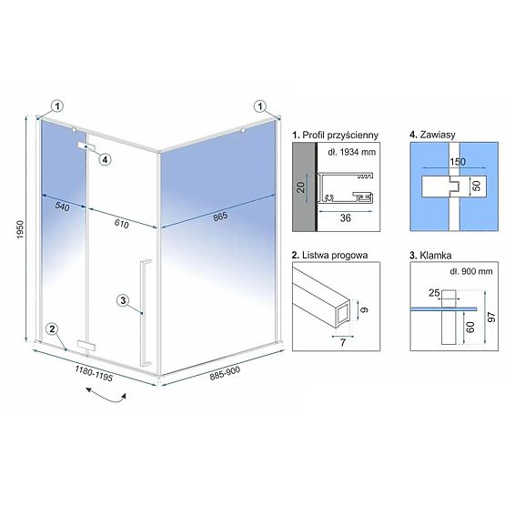 Kabina prysznicowa narożna Rea Fargo 120x90 Złota