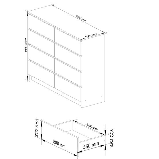 KOMODA K 120 cm 8 SZUFLAD PK SONOMA / BIAŁA