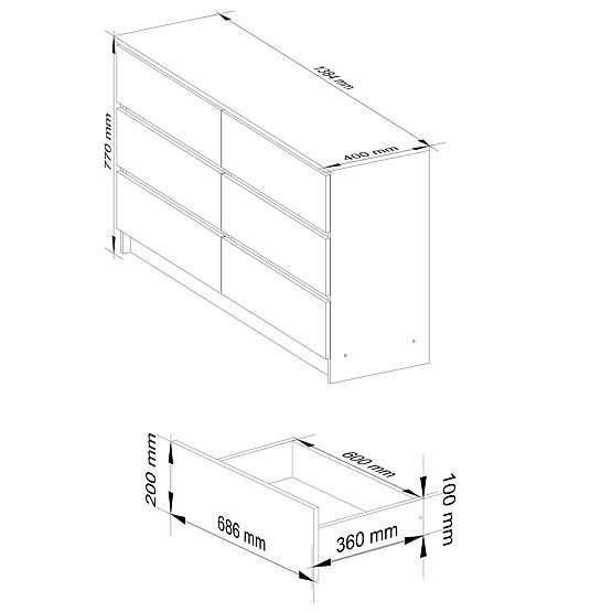 KOMODA K 140 cm 6 SZUFLAD PK BIAŁA / SONOMA